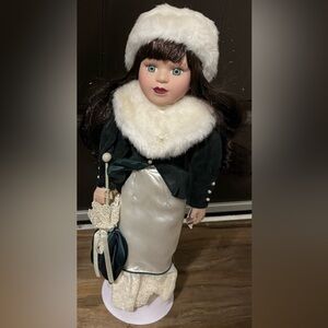 Antique Elegant Porcelain Doll with Stand Faux Fur Collar